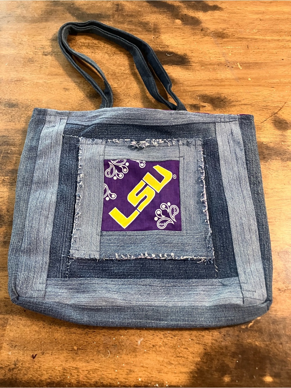 LSU Purple Patchwork Denim Tote Bag